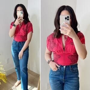 NWT Free People Temecula Embroidered Cropped Top Puff Sleeve Guava Berry XS